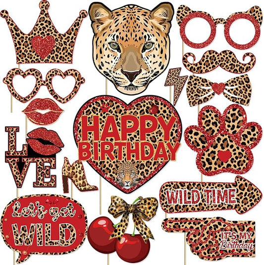 Cheetah and Cherry Birthday Decorations Photo Booth Props Kit Leopard Photobooth with Red and Black Cheetah Print Props Safari Animal Birthday Party Supplies for Girls and Women