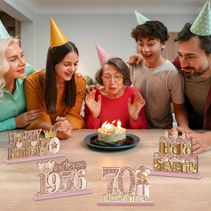 4 Pieces 70th Birthday Decorations Wooden Vintage 1956 Table Centerpieces for Women, Pink Rose Gold Cheers to 70 Years Table Sign Party Supplies, Hello 70 Years Old Bday Table Decor