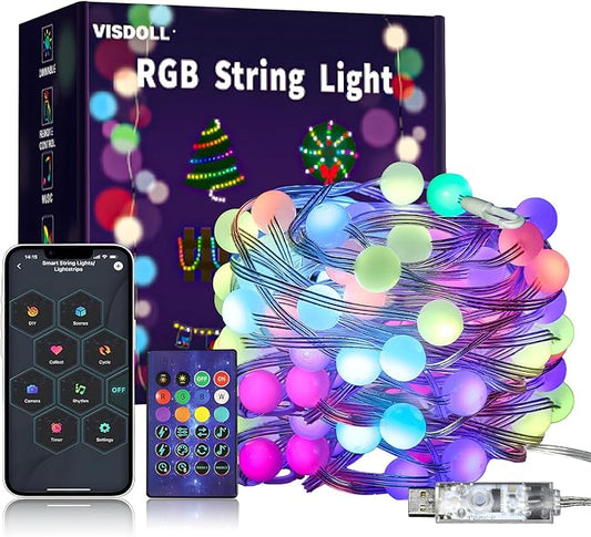 Christmas String Lights Indoor RGB Smart Twinkle Light 32.8Ft 66LEDs with Music Sync RF Remote APP Control, USB Powered Color Change Fairy Lights for Garden Bedroom Party Valentine's Day Decor