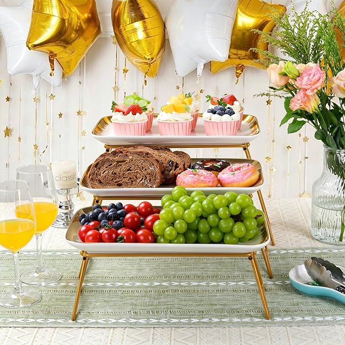 HAPPY KIT 3 Tier Serving Tray Set with Gold Freely Combinable Rack,12 Inch Tiered Tray Stand,Widened Porcelain Platters,Cupcake Stand Collapsible,Gold-Rimmed