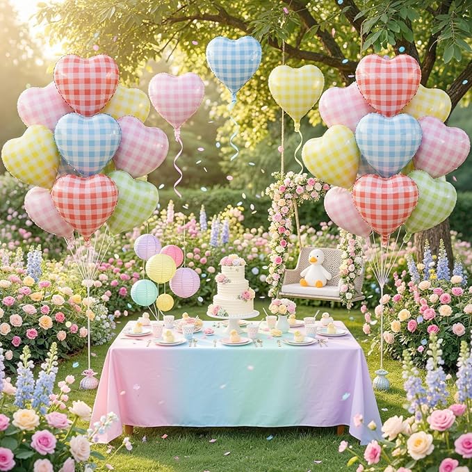 Pastel Checkered Heart Balloons, 18Inch Light Pink Blue Yellow Green Red Rainbow Plaid Heart Shape Foil Balloon, 10Pcs Colorful Grid Helium Balloon for Birthday Retro Y2K Easter Goose Theme Party