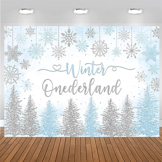 Mocsicka Winter Onederland Backdrop Winter Wonderland First 1st Birthday Party Decoration for Girl Pink Silver Snowflake Christmas Birthday Banner Photo Booth Props (Blue, 10x7ft(120''x82''))
