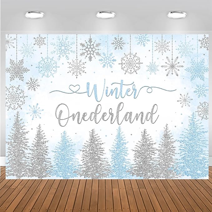 Mocsicka Winter Onederland Backdrop Winter Wonderland First 1st Birthday Party Decoration for Girl Pink Silver Snowflake Christmas Birthday Banner Photo Booth Props (Blue, 10x8ft(120''x96''))