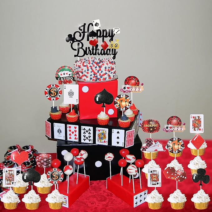 33pcs Casino Poker Party Decorations,Poker Theme Birthday Cake Cupcake Topper for Las Vegas Casino Night Poker Events Birthday Supplies Casino Poker Theme Cake Topper Food Picks Decoration Supplies