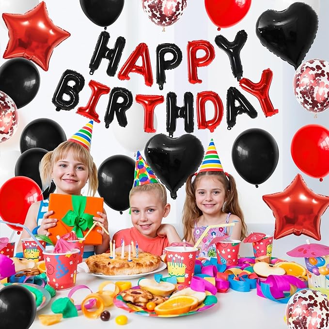Red and Black Birthday Decorations for Boys,Black Red Star Heart Foil Balloons Black Red Happy Birthday Banner Happy Birthday Decorations for Men Women