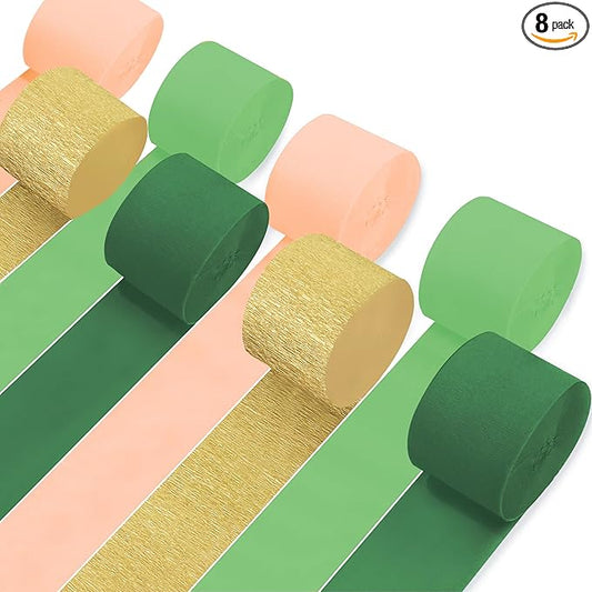 8 Rolls Crepe Paper Streamers, Green, Gold and Peach Pink Streamers Party Decorations for Wedding Bridal Shower Baby Shower Birthday Christmas Party