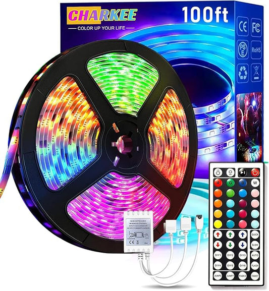 CHARKEE LED Lights for Bedroom 100 ft, Color Changing LED Strip Lights with 44-Key Remote, 24 Volt RGB SMD2835 Tape Lights for Bedroom, Room Decor, Indoor, IG, TikTok, DIY(44key Remote)