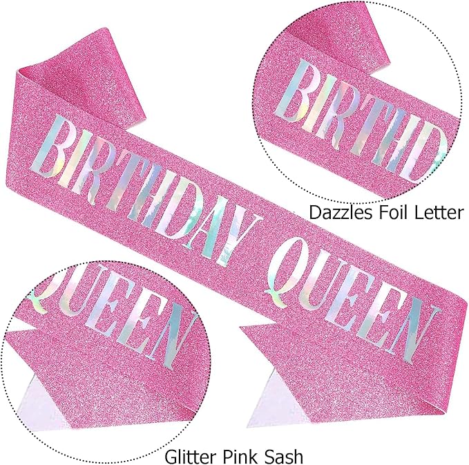Birthday Queen Sash Pink, Dazzle Foil Letter Glitter Birthday Sash for Women 21st 30th 40th 50th 60th Gifts Fun Bday Party Favors Decorations