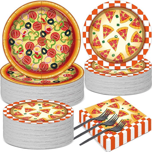 50 Guests Pizza Plates and Napkins Party Supplies Pizza Birthday Party Decorations Disposable Tableware Set Pizza Dinnerware Favor for Kids Boys Girls Baby Shower Picnics, 200PCS