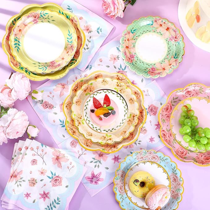 108 Pcs 36 Guests Floral Party Plates and Napkins Vintage Scalloped Floral Paper Plates Napkins Disposable Tableware for Birthday Bridal Baby Shower Wedding Decorations Tea Party Supplies