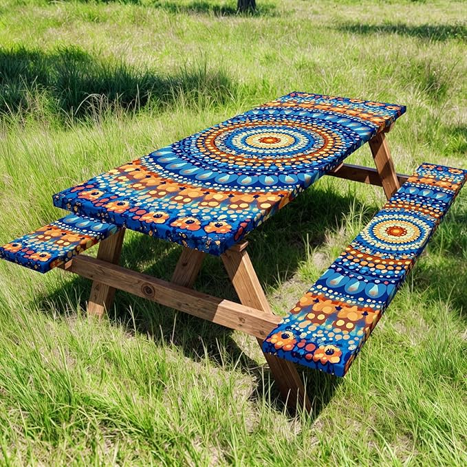 Picnic Table Cover with Bench Covers and Bag, Camping Essentials, Waterproof Windproof Camping Tablecloth, Fitted Tablecloth Cover with Elastic Edge for Indoor Outdoor 3 PCS 30x96 Inch