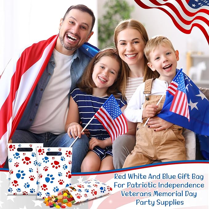 Pasimy 100 Pcs Dog Paw Gift Bags Bulk Pet Paw Puppy Plastic Treat Favor Candy Goodie Bags with Handle for Dog Birthday Party Decoration Supplies (Red White and Blue)