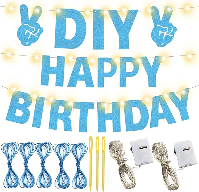 167Pcs DIY Glitter Customizable Banner Kit Custom Banner DIY Personalized Happy Birthday Letter Banners Decor for Christmas Baby Shower Birthday Party Decorations Supplies(Glitter Light Blue)