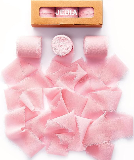 Pink Ribbon, 3 Rolls Boho Ribbons for Gift Wrapping, 1 1/2 inch x 7Yd Ribbon for Flower Bouquet, Wedding Silk Ribbons, Bouquet Wrap, Bridal Bouquets, DIY Crafts for Mothers Day