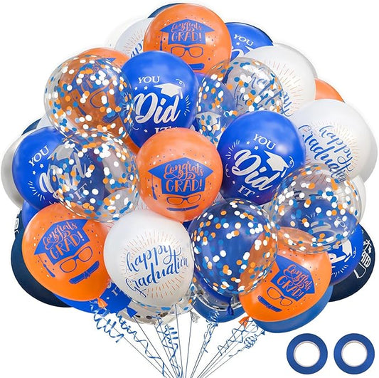 OuMuaMua 75Pcs Graduation Party Decorations Balloons Set - 12 Inch Congrats Grad Navy Blue Orange White Confetti Latex Balloons for Class of 2026 Graduation Birthday Party Decor Supplies