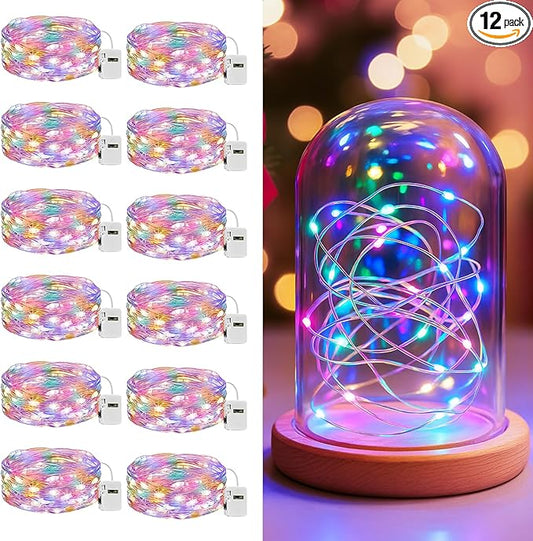 litogo 12 Pack 7FT 20 LED Fairy Lights Battery Operated, 3 Lighting Modes, Bulk Mini Twinkle String Lights Waterproof Silver Wire for Weddings Mason Jars Party Christmas Decorations-Multi-Colored