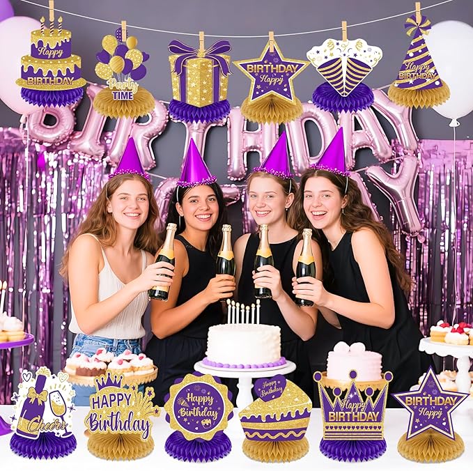 12Pcs Purple Gold Birthday Decorations Honeycomb Centerpieces for Women Girls, Purple Gold Happy Birthday Table Centerpieces for 30th 40th 50th 60th Birthday Table Topper Sign Decor Party Supplies
