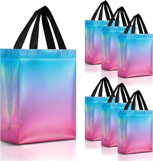 Nush Nush Aqua to Pink Gift Bags With Holographic Finish - Set of 30 Reusable Gift Bags Bulk Medium Size - Party Favor Bag Set For Small Business, Birthday, Baby Shower, Bachelorette Party - 8Wx4Dx10H