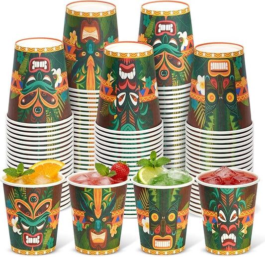 100 Pcs Tiki Cups 9 oz Disposable Tiki Bar Cups Bulk Vintage Paper Hawaiian Luau Party Decorations for Kids Adults Beach Summer Swimming Pool Tropical Aloha Drinking Supplies