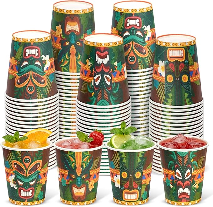 50 Pcs Tiki Cups 9 oz Disposable Tiki Bar Cups Bulk Vintage Paper Hawaiian Luau Party Decorations for Kids Adults Beach Summer Swimming Pool Tropical Aloha Drinking Supplies