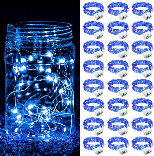 ZGWJ 24 Pack Fairy Lights Battery Operated, 7FT 20LED Mini Fairy String Lights Silver Wire 3 Modes for DIY, Parties, Wedding, Bedroom, Halloween Christmas Decoration- Blue