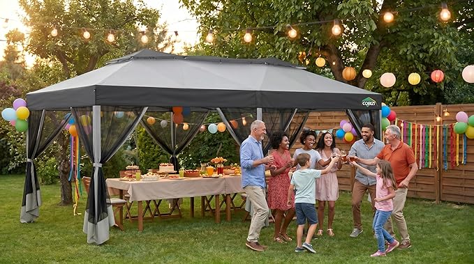 COBIZI 10x20 Pop up Gazebo, One-Push Setup Canopy Tent with Mosquito Netting & Vented Roof Design, Upgrade Metal Easy up Canopy Carpa Outdoor Gazebos for Backyard Camping Deck Party(Light Gray & Gray)