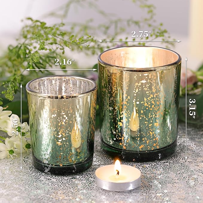 Volens 12pcs Assorted Green Votive Candle Holders, Large Speckles Mercury Glass Votive & Tealight Candle Holder Bulk for Wedding Table Centerpiece, Green and Gold Themed Party Decorations