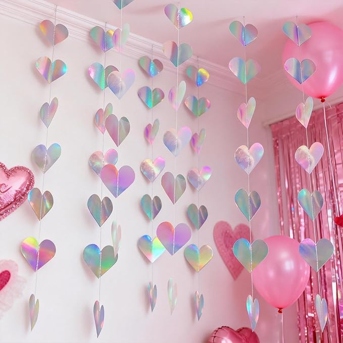 40Ft Iridescent Holographic Heart Valentines Day Garland Disco Hanging Streamer Decor for Galentines Valentines Day, Wedding, Bridal Bachelorette Baby Shower Birthday Party