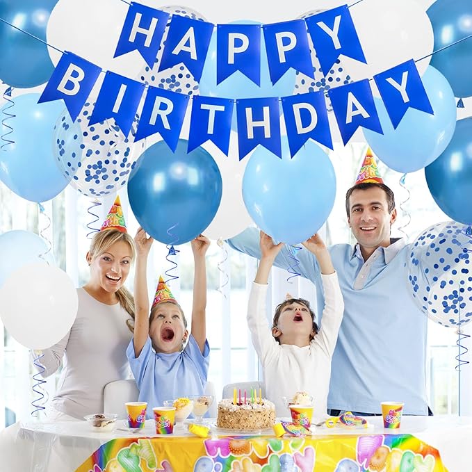 Happy Birthday Banner, Blue Birthday Decoration, 16 Pcs 12in Balloons with 2 Ribbons for Boys and Men Any Ages Party Decoration