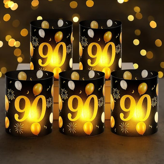 10 Sets 90th Happy Birthday Centerpieces for Table Black and Gold Birthday Decorations Lantern Boxes with Tea Lights Candles Centerpieces for Men Women 90th Party Supplies