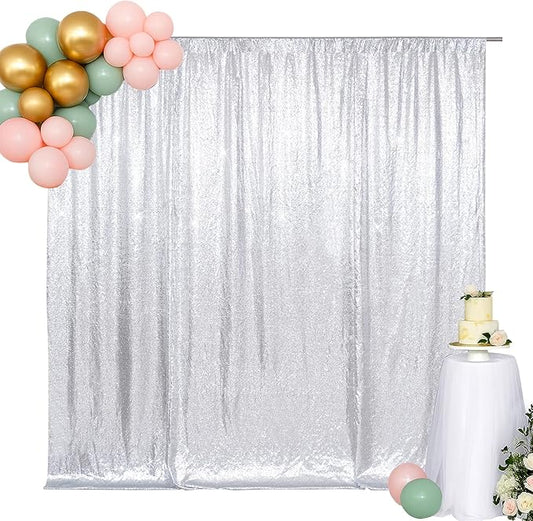 SquarePie 4x7ft Silver Sequin Backdrop for Photography, Satin-Backed Real Sequin Curtain, Enhanced Coverage Shimmering Background with 4" Rod Pocket for Wedding, Birthday, Party Decor, 1 Panel