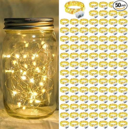 50 Pack Yellow Fairy Lights 7Ft 20 LED Twinkle String Lights 3 Modes Battery Operated Waterproof Firefly Starry for Mason Jar Party Wedding Christmas Thanksgiving Day Table Centerpieces