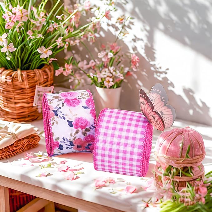 LaRibbons Floral Ribbon Wired 2 Rolls 2.5 Inch x 12 Yards TTL, Flower Pink and White Plaid Spring Summer Ribbon with Rose Printed for Wreath Crafts Wrapping Bow