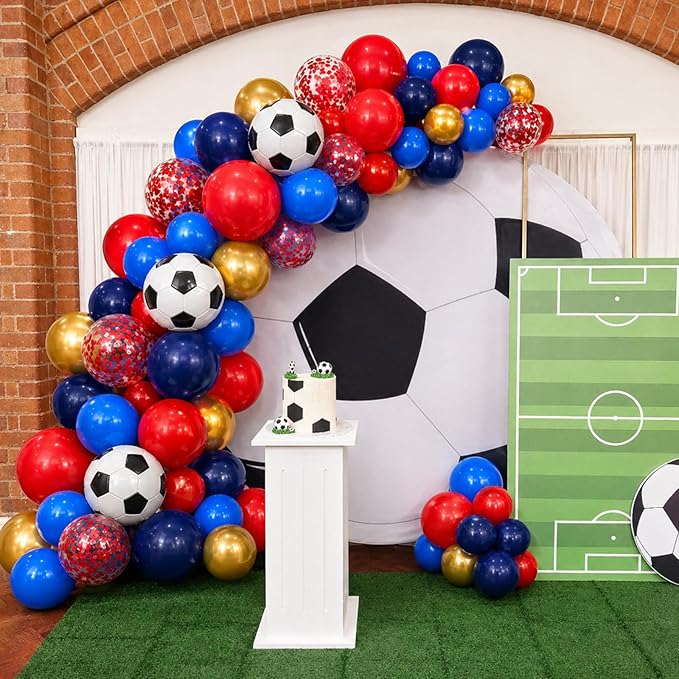 Soccer Balloons, 12Inch Blue Red Gold Soccer Printed Latex Balloons, Navy Royal Blue Red and Metallic Gold Helium Balloon with Confetti Balloon for Sport Football Theme Boy Men Birthday Party Decor