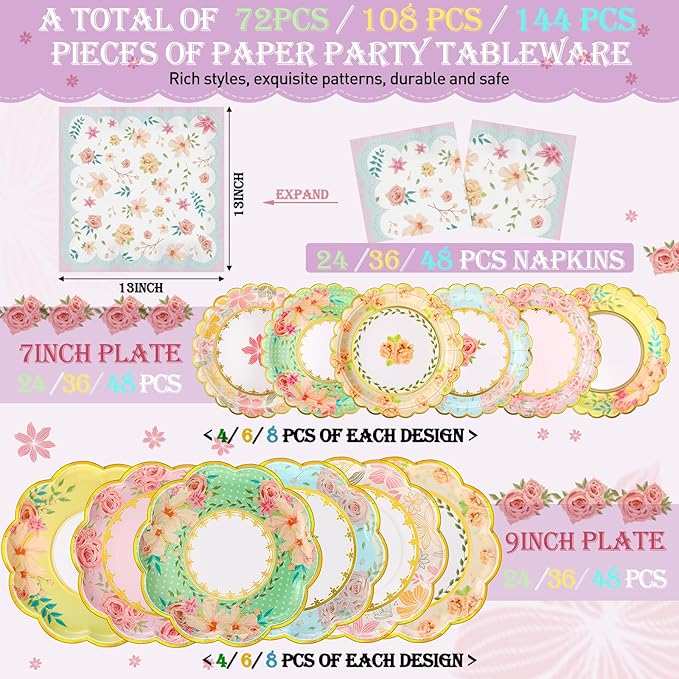 72 Pcs 24 Guests Floral Party Plates and Napkins Sets Vintage Scalloped Floral Paper Plates Napkins Disposable Tableware for Birthday Bridal Baby Shower Wedding Decorations Tea Party Supplies