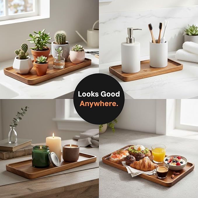 Acacia Rectangle Wooden Tray - 2 Sizes 16" X 12" and 10" X 6" - Food Safe Serving Tray - Large & Small Wooden Trays Combination - Durable Wood Display Tray for Coffee Party or Home Decor