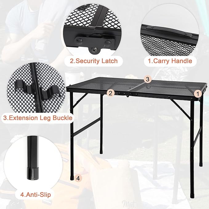 GREGIN Camping Table with Mesh Desktop, Lightweight & Portable Folding Grill Table, Height Adjustable Metal Outdoor Table for Camp, Cooking, BBQ, RV, Picnic-4 FT Black