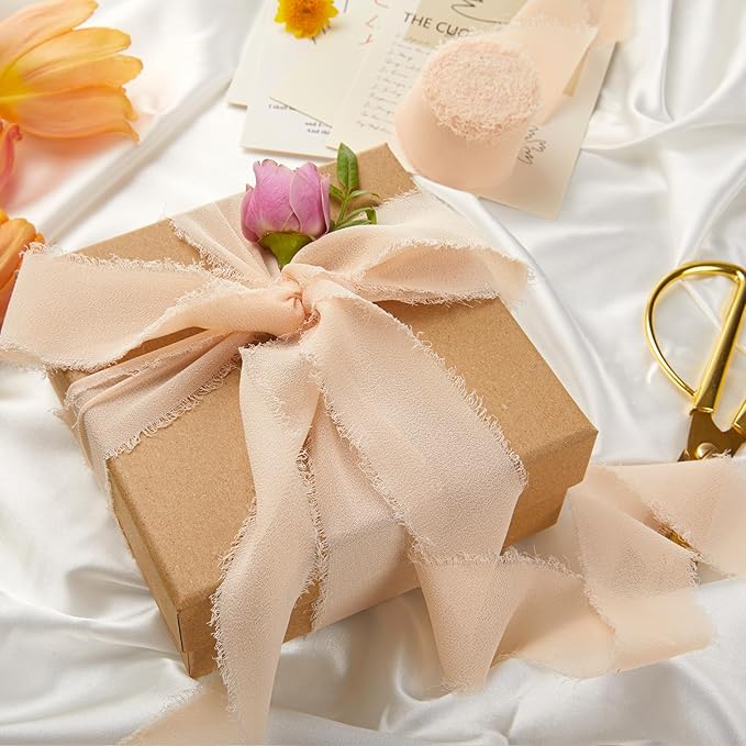 Fall Ribbon, 6 Rolls Champagne Ribbon for Flower Bouquet/Gift Wrapping, 1 1/2 inch x 7Yd Chiffon Ribbons for Crafts, Bridal Bouquets, DIY Crafts