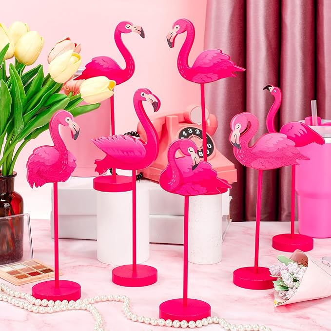 Geelin 10 Pcs Flamingo Table Decor Summer Pink Flamingo Party Decoration Table Sign Centerpiece Hawaiian Tropical Wood Tall Standing Block Bird Topper Sign for Office Desk Home Tier Tray Holiday Party