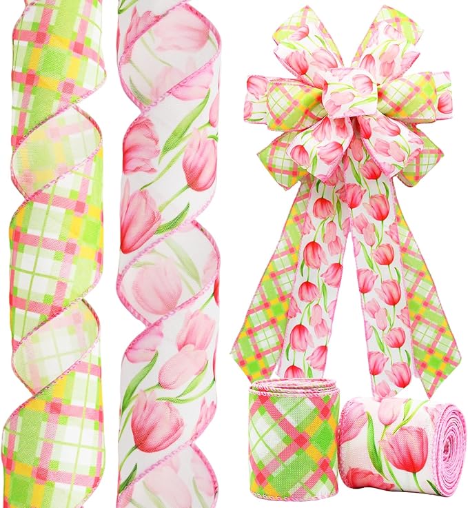 2 Rolls Pink Tulip Wired Ribbon - 2.5 Inch Wide, 10 Yards Total, Elegant Tulip Floral for Wedding Decor, DIY Crafts & Gift Wrapping, Romantic Pink Wired Edge Ribbon