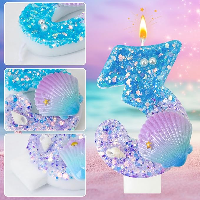 Blue and Purple Birthday Candles, 3th Birthday Cake Decoration, Cupcake Candles，Suitable for Mermaid Theme Party Cake Decoration (3)