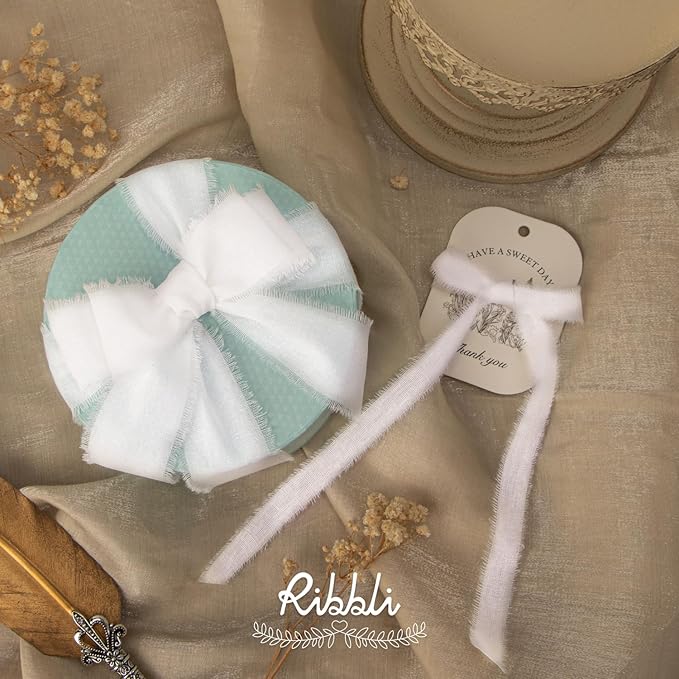 Ribbli 3 Rolls White Ribbon 1.5 Inch x 18Yards Handmade Cotton Frayed Fringe Ribbons for Gift Wrapping Wedding Invites Bridal Bouquets Baby Shower DIY Crafts Home Decor