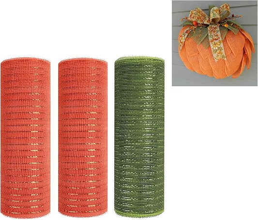 3 Rolls Orange Moss Green Deco Mesh Ribbon for Wreath Making Supplies, 10 Inch x 30FT Metallic Foil Burlap Deco Mesh Fabric for Fall Thanksgiving Halloween Door Wreath Swags and Decorating