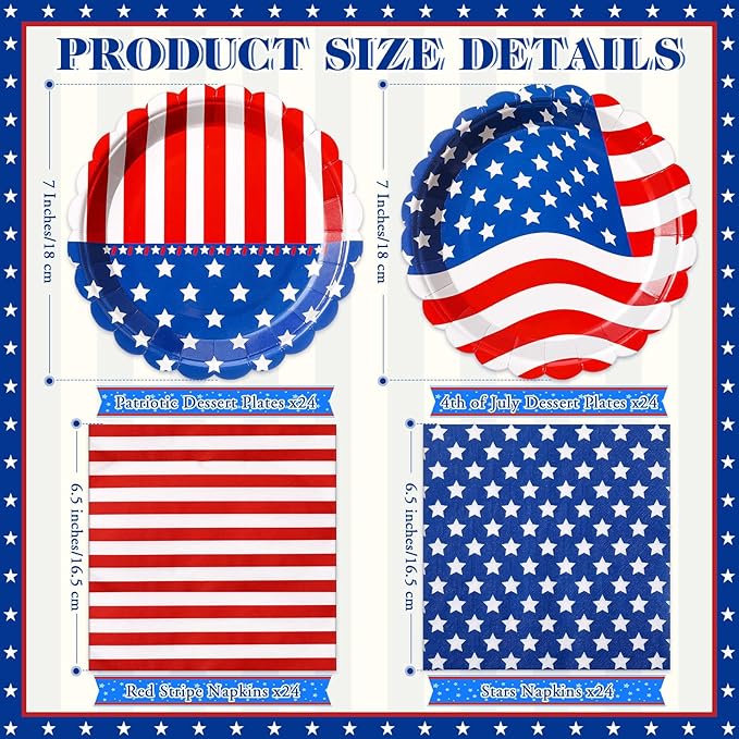 Funnymoom 96 Pcs Memorial Day Tableware Set for 48 Guests Include 48 Pcs 7 Inch Dessert Plates and 48 Napkins Patriotic American Star Flag Dinnerware for 250th Anniversary Independence Day Party