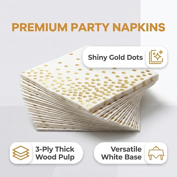 50 Pack Disposable Gold Foil Cocktail Napkins | Birthday Wedding Baby/Bridal Shower Celebration/Party/Event | Dessert/Cake table, 3-Ply, Unfolded 10" x 10", Folded 5" x 5"