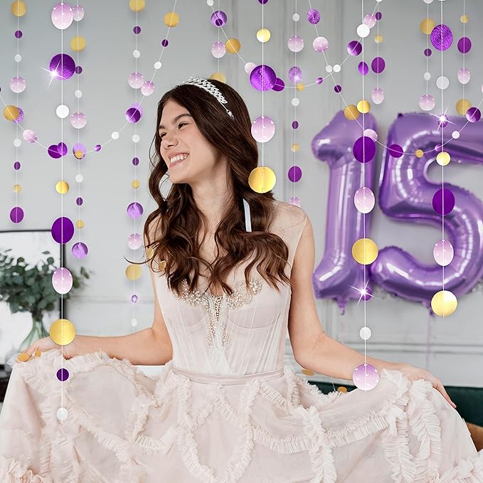 Cheerland Purple and Gold Party Decorations Rapunzel Birthday Decorations Lavender Fantasy Theme Circle Golden Garland Streamers Banner Pruple Backdrop Bday Hanging Party Decor Baby Shower Supplies