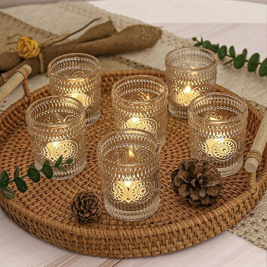 4 Pcs Clear Glass Votive Candle Holders, Tealight Candle Holders for Table Centerpieces, Vintage Candle Holder Bulk, Boho Wedding, Home, Bridal Shower, Birthday Party Table Decor (Clear)