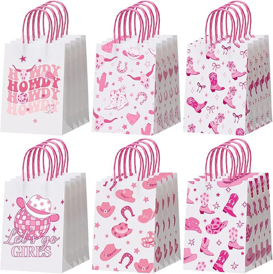Gaillty 24 Pcs Western Cowgirl Paper Bags Let's Go Girls Boot Hat Pink Cowgirl Gift Bags Wild West Goodie Candy Treat Bag with Handles for Birthday Baby Shower Party Supplies Western Party Decor