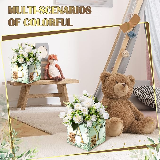Bucherry 6 Pcs Baby Shower Centerpieces with Letters, 7" Baby Blocks Flower Boxes for Table Decorations, Gender Reveal Party Supplies & Photo Props(Green,Green Bear)