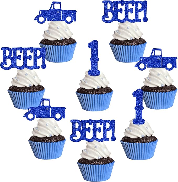 24Pcs Blue Truck 1st Birthday Cupcake Toppers Blue Truck Beep Beep Beep Cake Decorations for Boys and Girls Farm Themed 1st Birthday Party Decor Glitter Cake Decor Car Themed Party Supplies